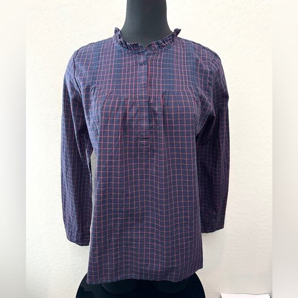 J.CREW MERCANTILE Navy & Red Plaid Blouse Ruffle Collar Long Sleeve | Size 6 - Picture 2 of 7